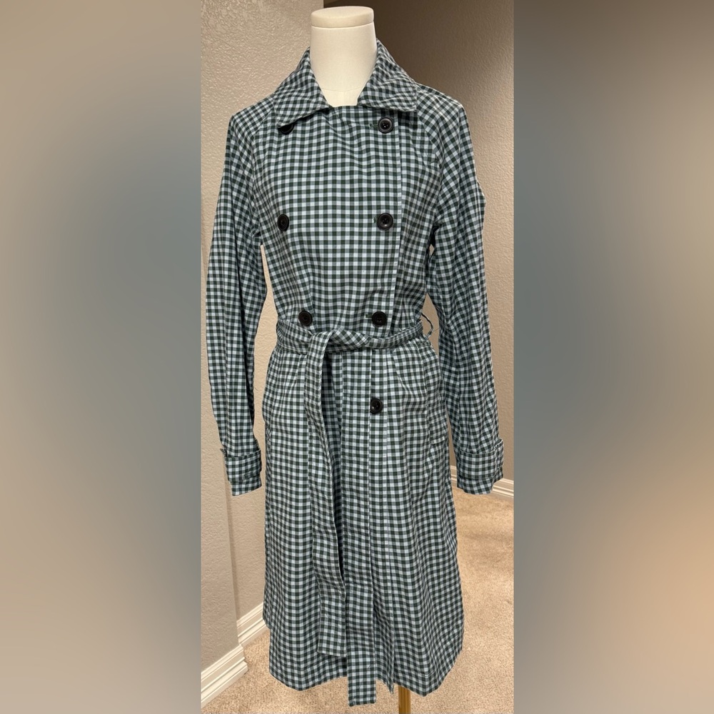 NWOT Free Assembly Plaid Blue & Green Checkered Gingham Everyday Trench Coat - Picture 8 of 16